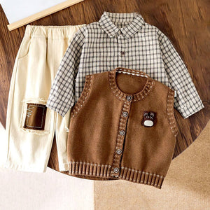 3 Pcs Set,Brown Teddy Vest,Checkered Shirt & Beige Pants for Kids - 2 - 3 Years Winter Wear