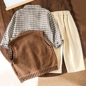 3 Pcs Set,Brown Teddy Vest,Checkered Shirt & Beige Pants for Kids - 2 - 3 Years Winter Wear