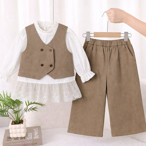 3 Pcs Set,Brown Waistcoat,White Peplum - style Top & Wide Leg Pants partwear set for Girls - 4 - 5 Years Winter Wear
