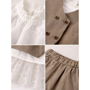 3 Pcs Set,Brown Waistcoat,White Peplum - style Top & Wide Leg Pants partwear set for Girls - 4 - 5 Years Winter Wear