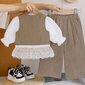 3 Pcs Set,Brown Waistcoat,White Peplum - style Top & Wide Leg Pants partwear set for Girls - 4 - 5 Years Winter Wear