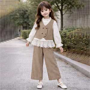 3 Pcs Set,Brown Waistcoat,White Peplum - style Top & Wide Leg Pants partwear set for Girls - 4 - 5 Years Winter Wear