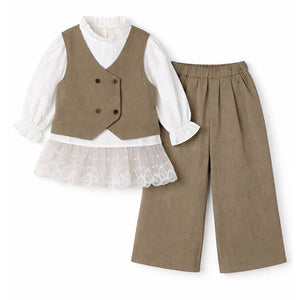 3 Pcs Set,Brown Waistcoat,White Peplum - style Top & Wide Leg Pants partwear set for Girls - 4 - 5 Years Winter Wear