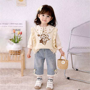 3 Pcs Set,Cream Peter Pan Collared Floral Knitted Cardigan,T-shirt,& Denims Partywear for Girls - 2 - 3 Years Winter Wear