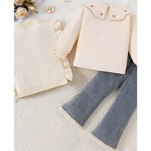 3 Pcs Set,Cream Peter Pan Collared Floral Knitted Cardigan,T-shirt,& Denims Partywear for Girls - 2 - 3 Years Winter Wear