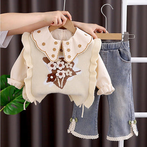 3 Pcs Set,Cream Peter Pan Collared Floral Knitted Cardigan,T-shirt,& Denims Partywear for Girls - 2 - 3 Years Winter Wear