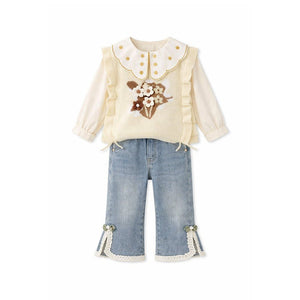 3 Pcs Set,Cream Peter Pan Collared Floral Knitted Cardigan,T-shirt,& Denims Partywear for Girls - 2 - 3 Years Winter Wear