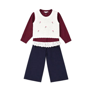 3 Pcs Set,Crochet Cardigan Vest,Maroon Shirt & Navy Frill Pants partywear for Girls - 4 - 5 Years Winter Wear