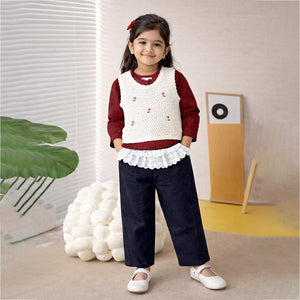 3 Pcs Set,Crochet Cardigan Vest,Maroon Shirt & Navy Frill Pants partywear for Girls - 4 - 5 Years Winter Wear