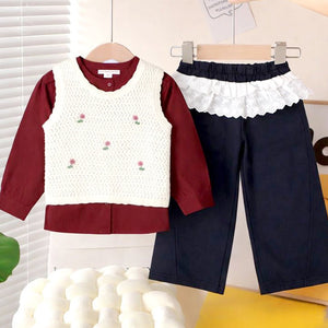 3 Pcs Set,Crochet Cardigan Vest,Maroon Shirt & Navy Frill Pants partywear for Girls - 4 - 5 Years Winter Wear