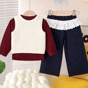 3 Pcs Set,Crochet Cardigan Vest,Maroon Shirt & Navy Frill Pants partywear for Girls - 4 - 5 Years Winter Wear