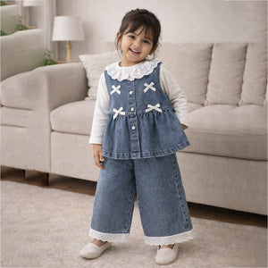3 Pcs Set,Denim Bow Peplum - Style Top,Grey T-shirt & Denim Wide Leg Pants for Girls - 2 - 3 Years Winter Wear