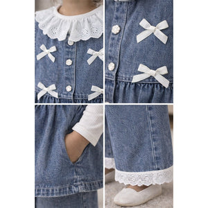 3 Pcs Set,Denim Bow Peplum - Style Top,Grey T-shirt & Denim Wide Leg Pants for Girls - 2 - 3 Years Winter Wear