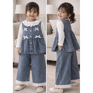 3 Pcs Set,Denim Bow Peplum - Style Top,Grey T-shirt & Denim Wide Leg Pants for Girls - 2 - 3 Years Winter Wear