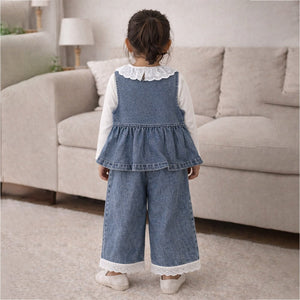3 Pcs Set,Denim Bow Peplum - Style Top,Grey T-shirt & Denim Wide Leg Pants for Girls - 2 - 3 Years Winter Wear