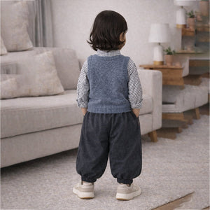 3 Pcs Set,Grey Balloon Pants with Knitted Vest & Checkered Shirt Partywear for Kids - 2 - 3 Years Winter Wear