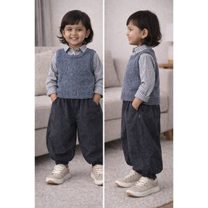 3 Pcs Set,Grey Balloon Pants with Knitted Vest & Checkered Shirt Partywear for Kids - 2 - 3 Years Winter Wear