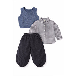 3 Pcs Set,Grey Balloon Pants with Knitted Vest & Checkered Shirt Partywear for Kids - 2 - 3 Years Winter Wear