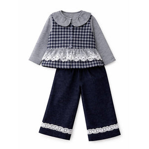 3 Pcs Set,Grey Checkered Frill vest with Grey Ruffled Top & Pants for Girls - 2 - 3 Years Winter Wear