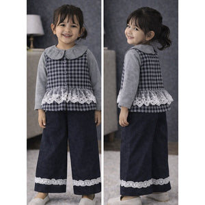 3 Pcs Set,Grey Checkered Frill vest with Grey Ruffled Top & Pants for Girls - 2 - 3 Years Winter Wear