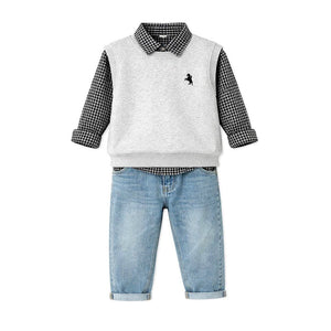 3 Pcs Set,Grey Horse Sweater Vest,Checkered Shirt & Denims set for Kids - 3 - 4 Years Winter Wear