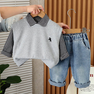 3 Pcs Set,Grey Horse Sweater Vest,Checkered Shirt & Denims set for Kids - 3 - 4 Years Winter Wear