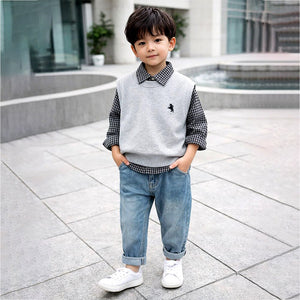 3 Pcs Set,Grey Horse Sweater Vest,Checkered Shirt & Denims set for Kids - 3 - 4 Years Winter Wear