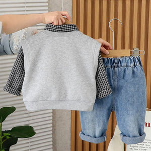 3 Pcs Set,Grey Horse Sweater Vest,Checkered Shirt & Denims set for Kids - 3 - 4 Years Winter Wear