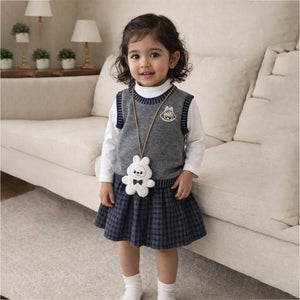 3 Pcs Set,Grey Labu Vest,Frill Inner T-shirt & Skirt partywear for Girls - 4 - 5 Years Kids Clothing