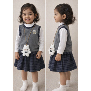 3 Pcs Set,Grey Labu Vest,Frill Inner T-shirt & Skirt partywear for Girls - 4 - 5 Years Kids Clothing