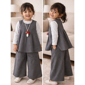 3 Pcs Set,Grey Polka Flared Top,Grey T-shirt & Wide Leg Pants partwear for Girls - 2 - 3 Years Winter Wear