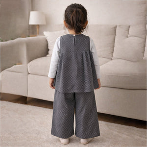 3 Pcs Set,Grey Polka Flared Top,Grey T-shirt & Wide Leg Pants partwear for Girls - 2 - 3 Years Winter Wear