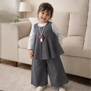 3 Pcs Set,Grey Polka Flared Top,Grey T-shirt & Wide Leg Pants partwear for Girls - 2 - 3 Years Winter Wear