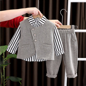 3 Pcs Set,Grey Zig Zag Textured Vest,Shirt & Pants for Kids - 3 - 4 Years Winter Wear