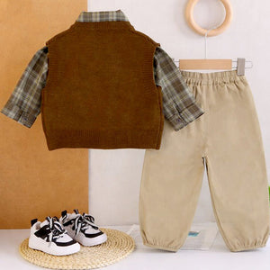 3 Pcs Set,High Collar Brown Knit Vest,Checkered Shirt & Pants for Kids - 2 - 3 Years Winter Wear