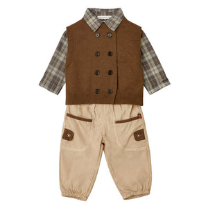 3 Pcs Set,High Collar Brown Knit Vest,Checkered Shirt & Pants for Kids - 2 - 3 Years Winter Wear
