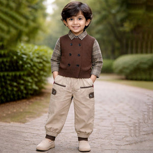 3 Pcs Set,High Collar Brown Knit Vest,Checkered Shirt & Pants for Kids - 2 - 3 Years Winter Wear