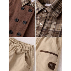 3 Pcs Set,High Collar Brown Knit Vest,Checkered Shirt & Pants for Kids - 2 - 3 Years Winter Wear
