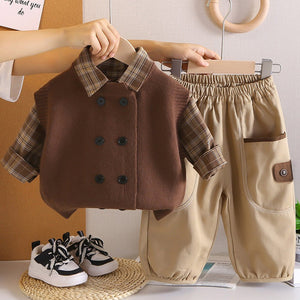 3 Pcs Set,High Collar Brown Knit Vest,Checkered Shirt & Pants for Kids - 2 - 3 Years Winter Wear