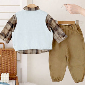 3 Pcs Set,Ivory Knit Vest,Checkered Shirt & Pants set for Kids - 1 - 2 Years Winter Wear
