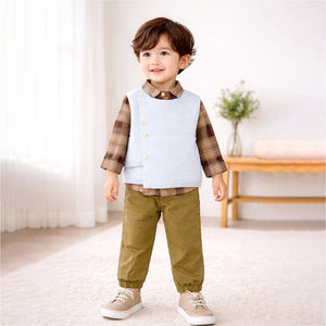 3 Pcs Set,Ivory Knit Vest,Checkered Shirt & Pants set for Kids - 1 - 2 Years Winter Wear