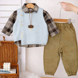 3 Pcs Set,Ivory Knit Vest,Checkered Shirt & Pants set for Kids - 1 - 2 Years Winter Wear