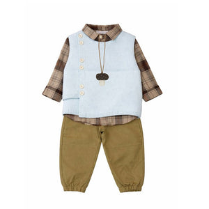 3 Pcs Set,Ivory Knit Vest,Checkered Shirt & Pants set for Kids - 1 - 2 Years Winter Wear