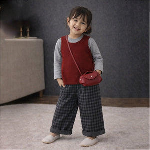 3 Pcs Set,Maroon Knit Sleevless Cardigan,T-shirt & Checkered Pants with Sling purse for Kids - 2 - 3 Years Winter Wear