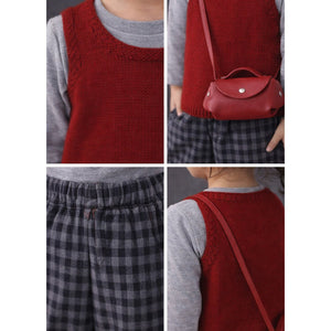 3 Pcs Set,Maroon Knit Sleevless Cardigan,T-shirt & Checkered Pants with Sling purse for Kids - 2 - 3 Years Winter Wear