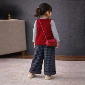 3 Pcs Set,Maroon Knit Sleevless Cardigan,T-shirt & Checkered Pants with Sling purse for Kids - 2 - 3 Years Winter Wear