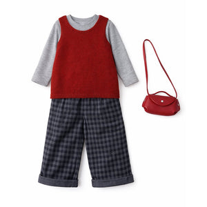 3 Pcs Set,Maroon Knit Sleevless Cardigan,T-shirt & Checkered Pants with Sling purse for Kids - 2 - 3 Years Winter Wear