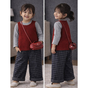 3 Pcs Set,Maroon Knit Sleevless Cardigan,T-shirt & Checkered Pants with Sling purse for Kids - 2 - 3 Years Winter Wear