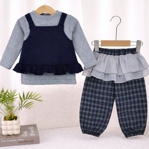 3 Pcs Set,Navy Blue Peplum - Style Top,T-shirt with Frill Checkered Pants for Kids - 2 - 3 Years Winter Wear