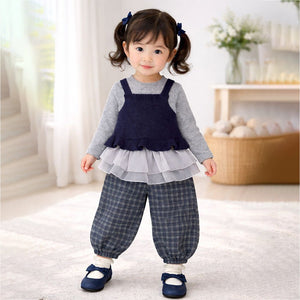 3 Pcs Set,Navy Blue Peplum - Style Top,T-shirt with Frill Checkered Pants for Kids - 2 - 3 Years Winter Wear